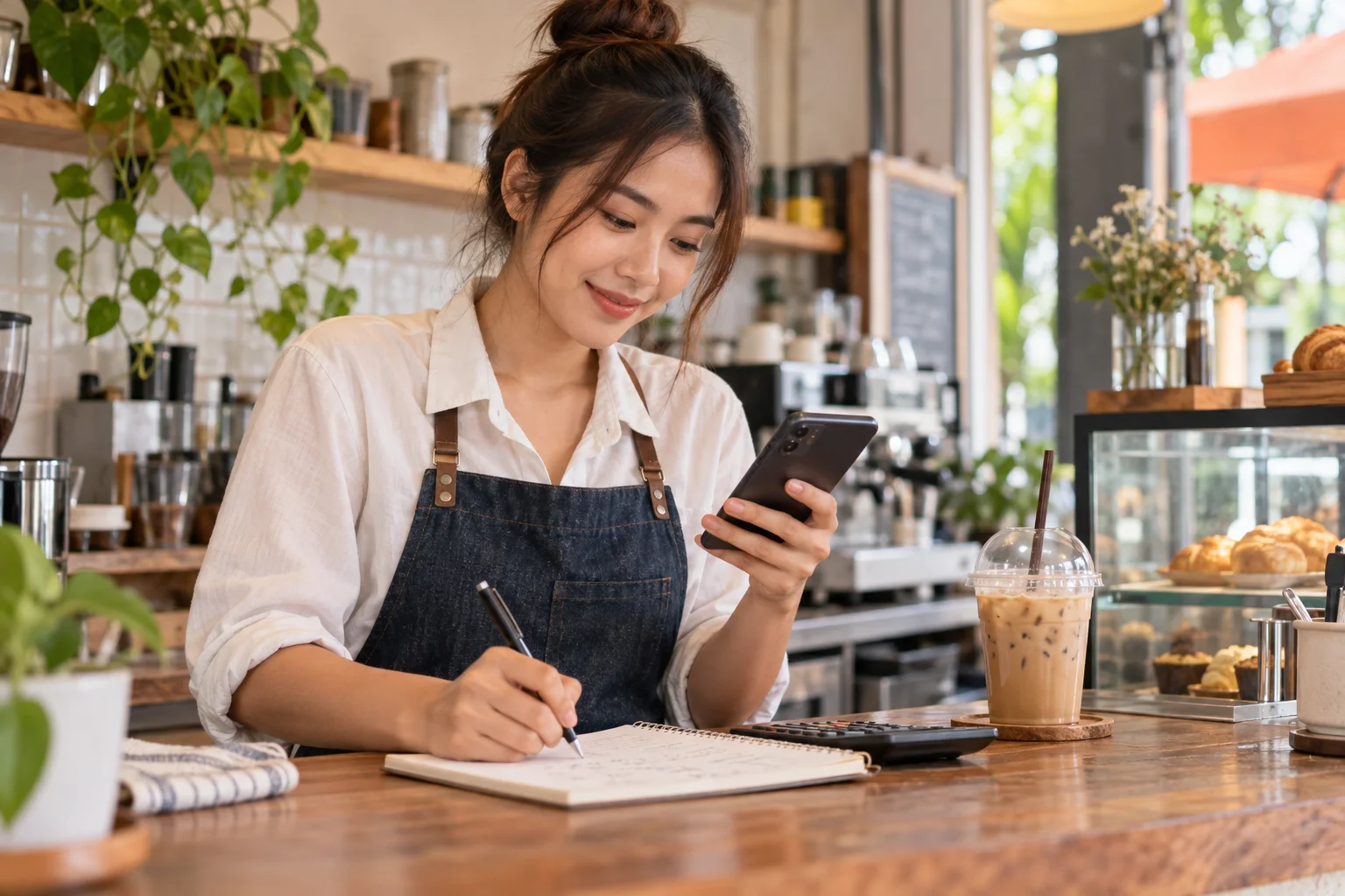 เจ้าของร้านตรวจยอดขายและจดบันทึกประจำวัน