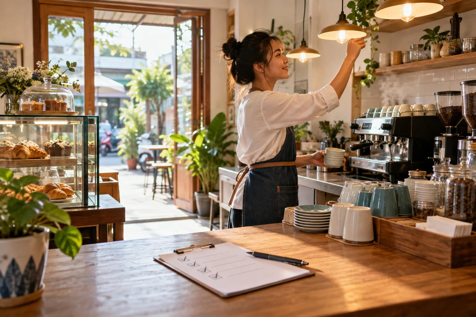 เจ้าของร้านเตรียมเคาน์เตอร์ก่อนเปิดร้าน